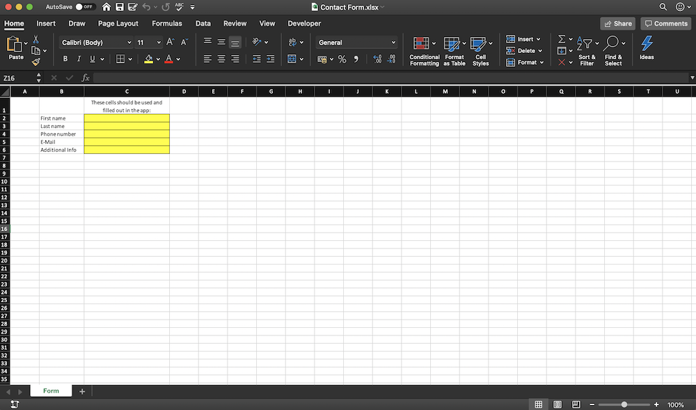 Contact Form App Excel